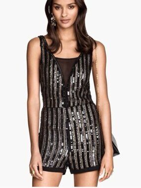 H&M Black & Silver Sequin V-Neck Romper